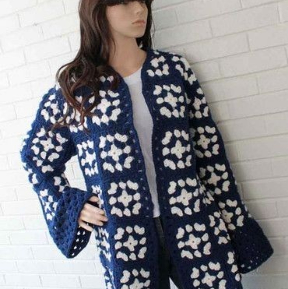 Navy blue and white Granny square vintage card…